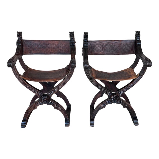 19th Century Pair of Carved Walnut Folding Scissors Savonarola Bench or Settle For Sale