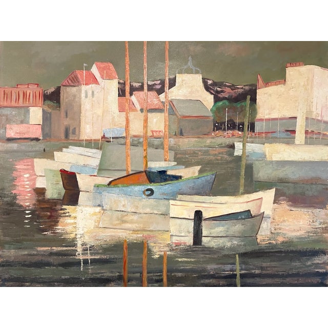 Super Vibrant, colorful painting on canvas inspring Boats and Harbor created, signed by listed French Artist Pierre Palue...