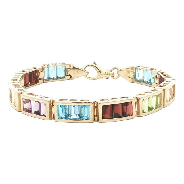 Vintage 14k Yellow Gold Multi Semi-Precious Colored Stone Link Bracelet For Sale