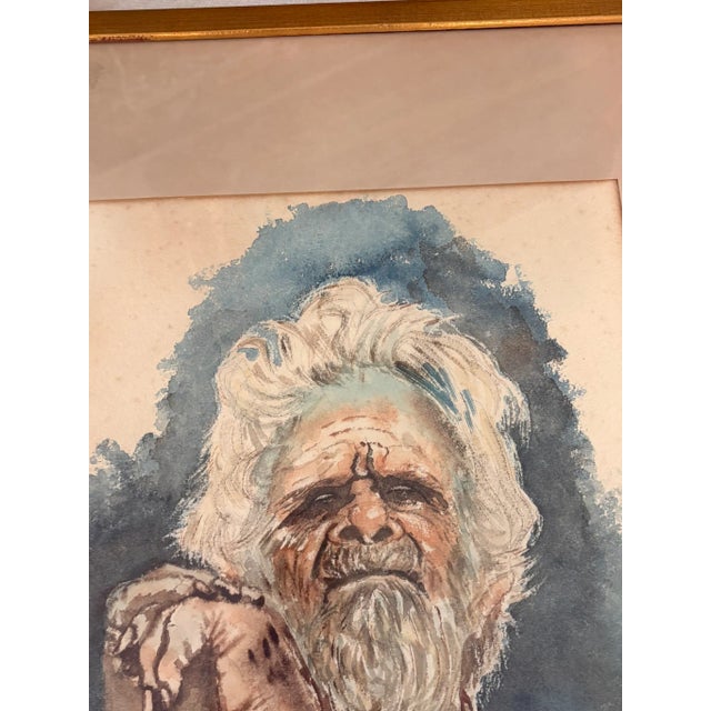 Mid 20th Century Vintage Watercolor Portrait of Old Man With Beard Original & Signed Gilded Wood Frame For Sale - Image 5 of 15