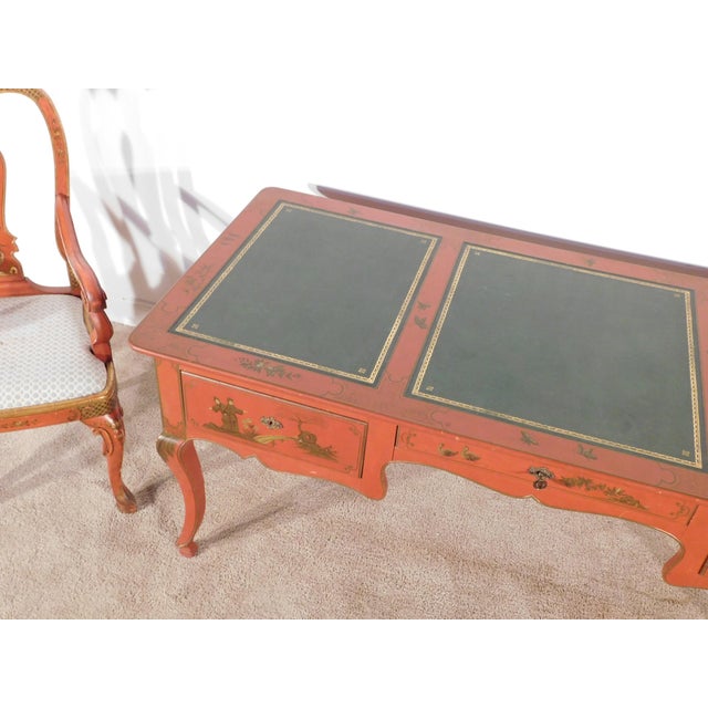 Wood Antique Baker 1950s French Red Chinoiserie Leather Top Writing Desk & Arm Chairs For Sale - Image 7 of 16
