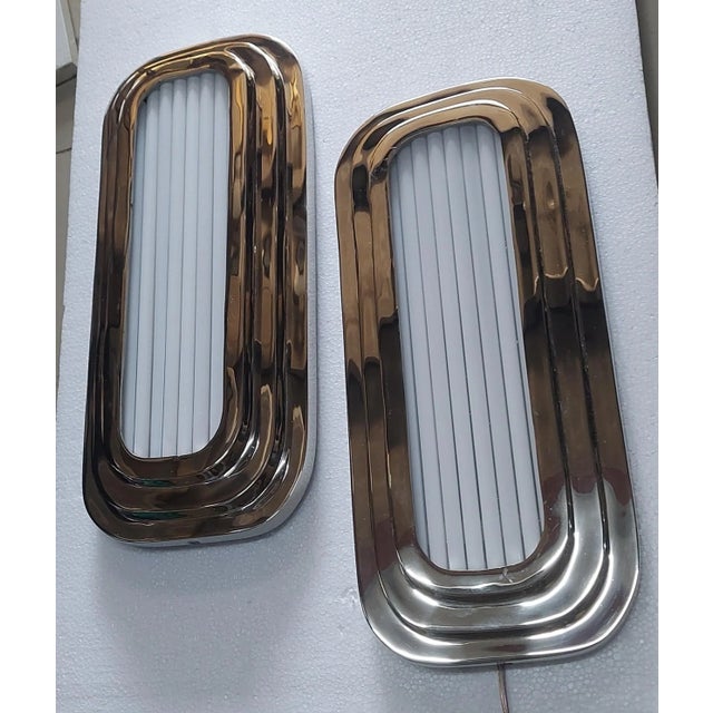 1940s Pair Vintage 1940s Skyscraper Art Deco Wall Ceiling Sconces Fixture in Brass & Milk Glass Rod Ship Light For Sale - Image 5 of 7