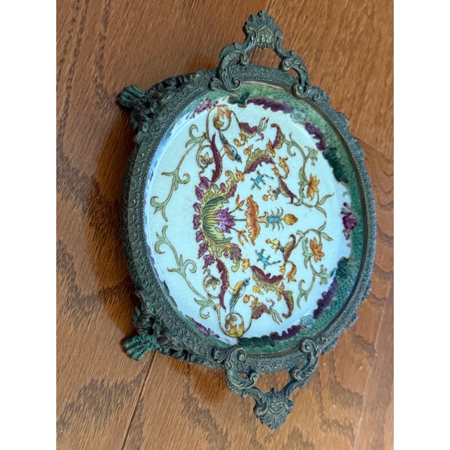 Exquisite Antique Hua Rong Tang Zhi Porcelain Brass Footed Decorative Trinket Plate For Sale - Image 12 of 12