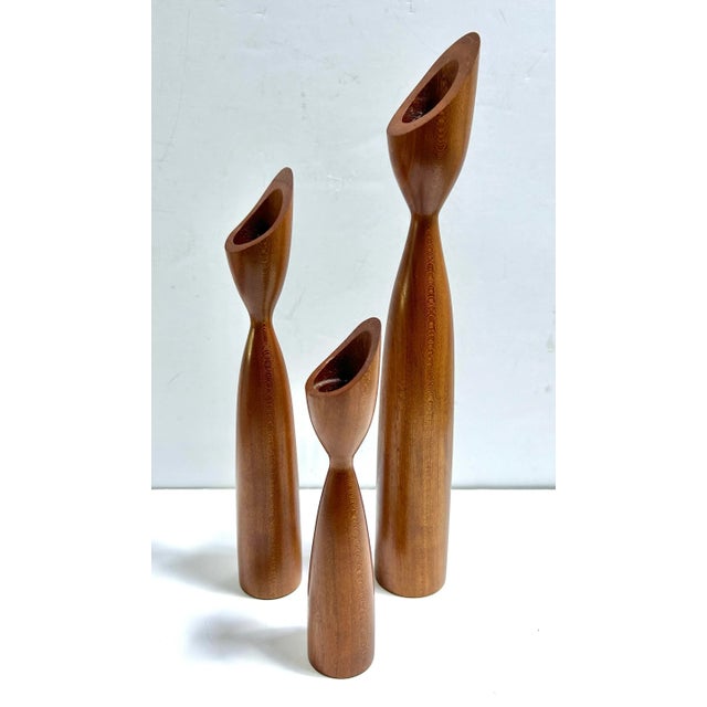 Mid-Century Modern 1990s Signed Danish Modern Teak Tulip Candle Holders Sculptural Set of 3 For Sale - Image 3 of 7