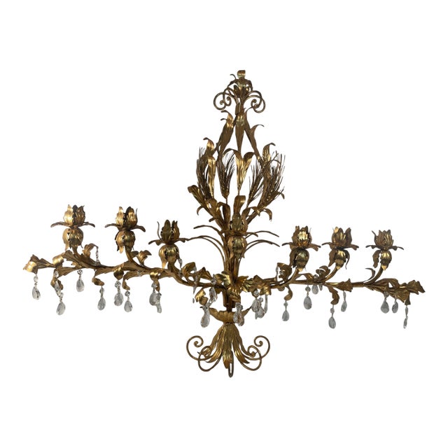 Large Mid 20th Century Italian Gilt Tole Candelabra Style Sconce With Crystals For Sale