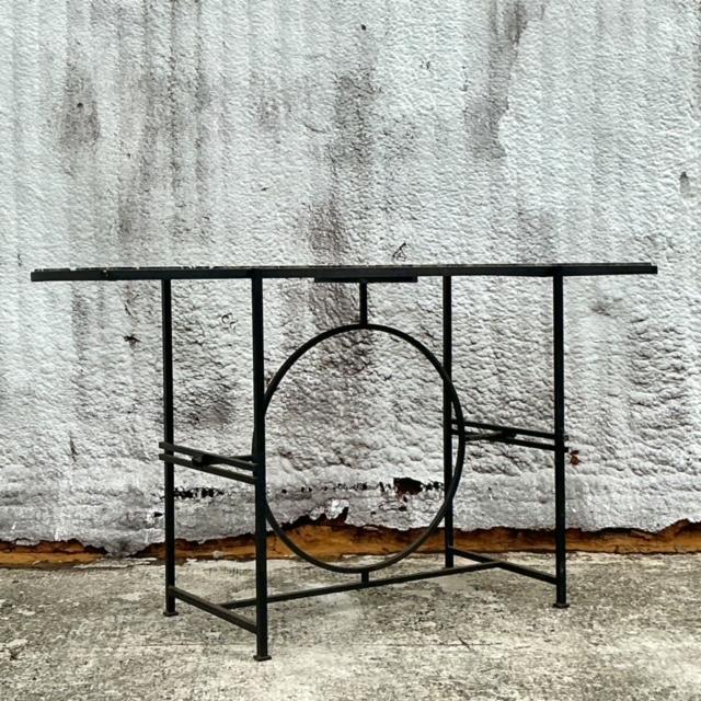 Vintage Boho Wrought Iron Circle Console With Empress Stone Top For Sale - Image 4 of 10