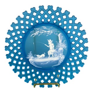 Westmoreland Blue Glass Plate – Mary Gregory Style, Signed Boy Fishing, 1973 Pristine For Sale