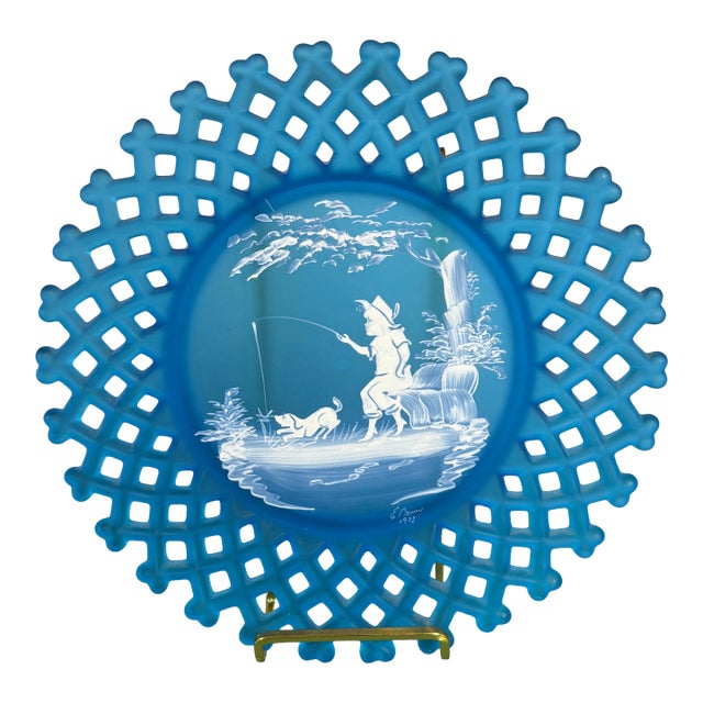 Westmoreland Blue Glass Plate – Mary Gregory Style, Signed Boy Fishing, 1973 Pristine For Sale