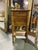 French faux bamboo stand with white marble top. One drawer and cabinet underneath with shelf stretcher base. 15”l c 13”d x...