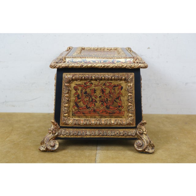 Late 20th Century French Napoleon Style Faux Boulle Jewelry Keepsake Box Chest Casket 15" For Sale - Image 4 of 16