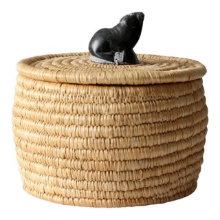 Vintage Basket With Lid and Carved Stone Handle For Sale