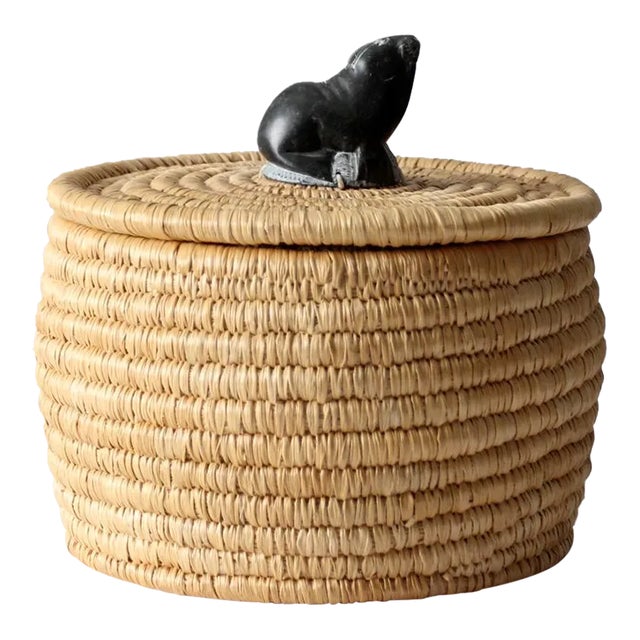Vintage Basket With Lid and Carved Stone Handle For Sale