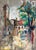 A vibrant mid-century modern abstract urban landscape, signed Greene at the lower right. Painted on board with expressive...