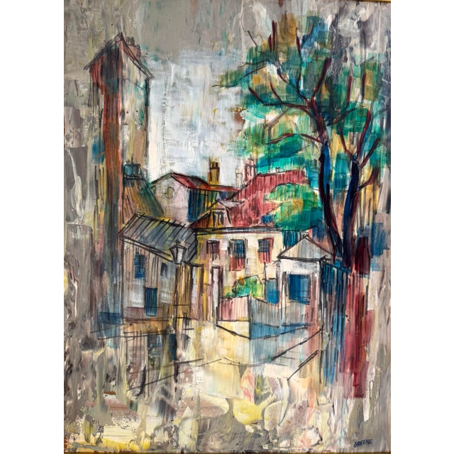 A vibrant mid-century modern abstract urban landscape, signed Greene at the lower right. Painted on board with expressive...