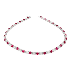 30 Carat Tw Oval Cut Ruby and Diamond Tennis Necklace in Platinum