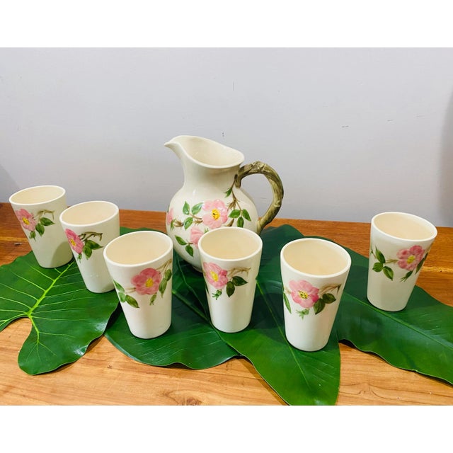 Fabulous original Made in California pitcher & six glasses set, Franciscan Desert Rose. Hand painted rose pattern....