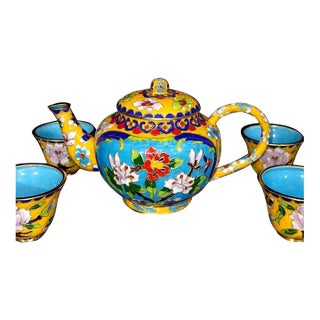 Vintage Cloisonne Enamel Tea Set – 7.1" Yellow Ground Floral Teapot & 4 Cups in Box For Sale