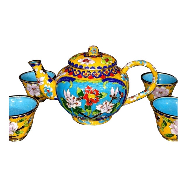 Vintage Cloisonne Enamel Tea Set – 7.1" Yellow Ground Floral Teapot & 4 Cups in Box For Sale