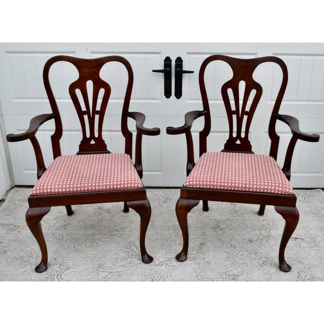 Queen Anne Antique Pair of Solid Mahogany & Burl Wood Queen Anne Arm Chairs For Sale - Image 3 of 13