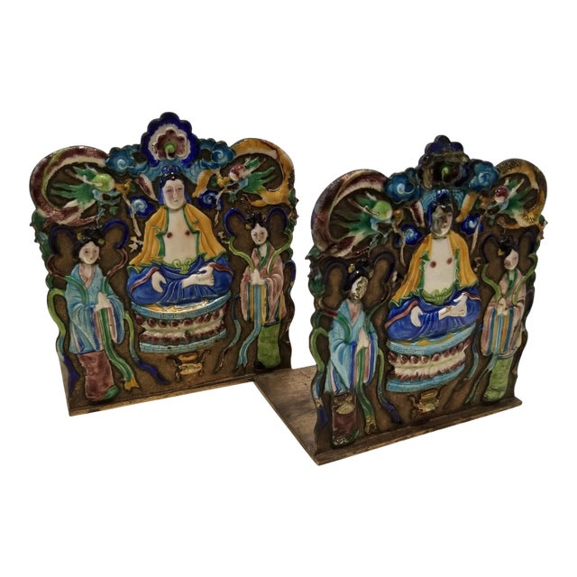 1920s Chinese Export Enamel Bookends For Sale
