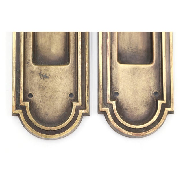 Art Deco Pair of Pressed Brass Art Deco Pocket Door Pulls For Sale - Image 3 of 4