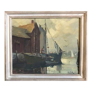Mid 20th Century "Boats in Harbor, Massachusetts" Framed Mid-Century Seascape Painting by Otis Pierce Cook, Jr