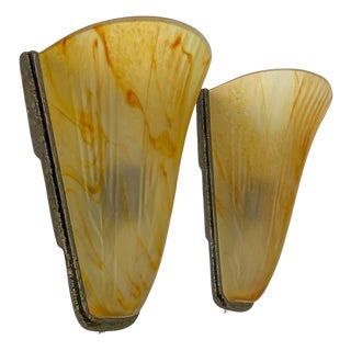 Art Deco Clouded Acrylic Glass Wall Lamps, 1970s, Set of 2 For Sale