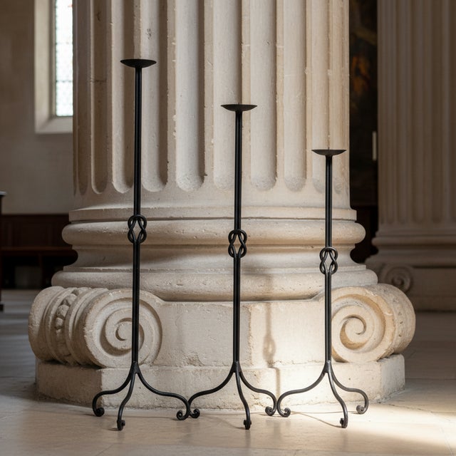 Hand Forged Iron Candelabra Set of 3 (78-98cm) Antique Copper Double Stem with Hercules Knot Detail For Sale - Image 4 of 9