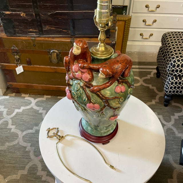 Vintage Majolica Style Two Monkeys Table Lamp For Sale - Image 12 of 12