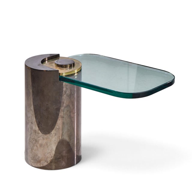 Karl Springer Mid Century Sculpture Leg Gunmetal and Glass Side Table This side table measures: 24.5 wide x 16.5 deep x 18...
