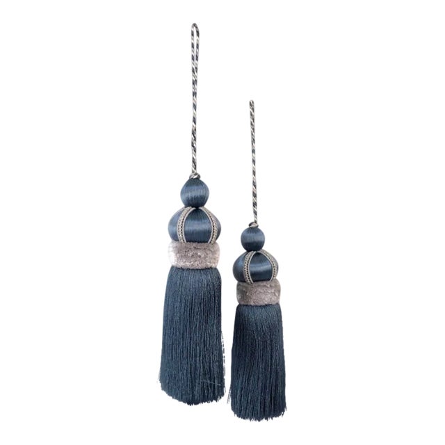 Key Tassels in Slate - Blue Color With Satin and Cut Velvet Details For Sale