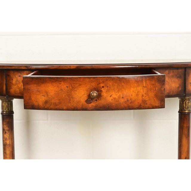 Brown Maitland Smith Style French Empire Burl Wood and Gold Gilt Demilune Console Table For Sale - Image 8 of 16