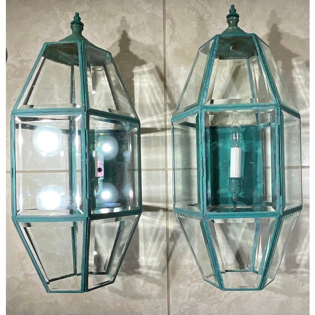 Exquisite Pair of Vintage Solid Brass Hexagonal Wall Lanterns For Sale - Image 10 of 17