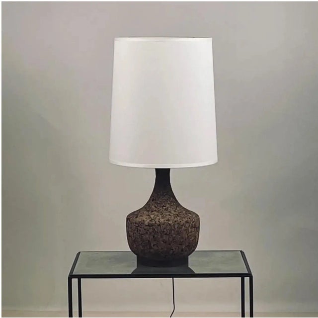 Mid-Century Modern Pair of 70's Cork and Walnut Lamps With New Linen Shades For Sale - Image 3 of 7