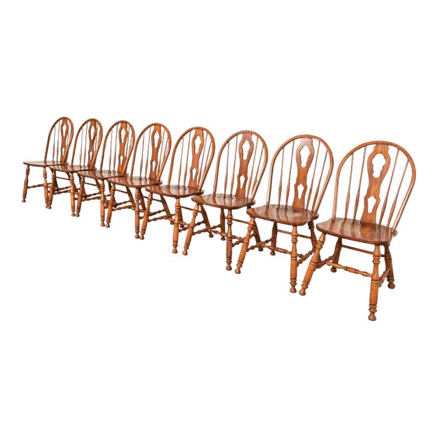 Ethan Allen Style American Colonial Solid Oak Spindle Back Windsor Dining Chairs, Set of Eight For Sale