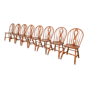 Ethan Allen Style American Colonial Solid Oak Spindle Back Windsor Dining Chairs, Set of Eight
