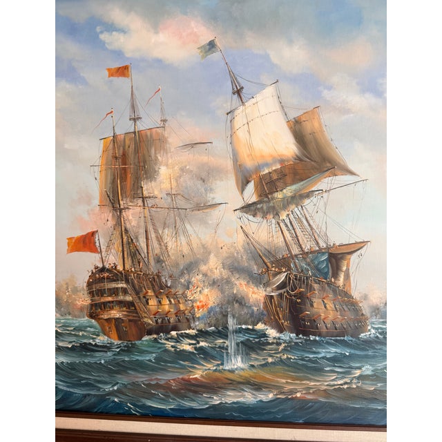 1950s J. Harvey Naval Battle Maritime Oil on Canvas Painting For Sale - Image 9 of 12