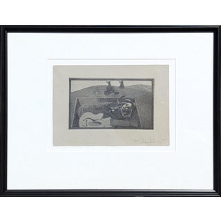 Lucas Johnson Modern Black & White Surrealist Etching of a Figure & Guitar in a Grave Ed. 4/15, 1978 For Sale