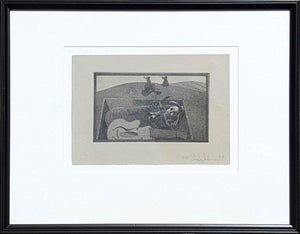 Lucas Johnson Modern Black & White Surrealist Etching of a Figure & Guitar in a Grave Ed. 4/15, 1978