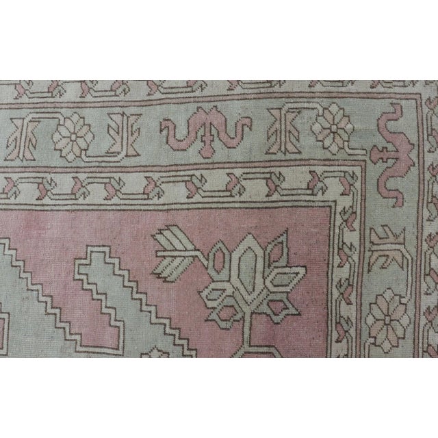 Mid 20th Century Turkish Oushak Rug in Soft Rose and Sage Green With Geometric 6'6 X 9'9 For Sale - Image 5 of 16