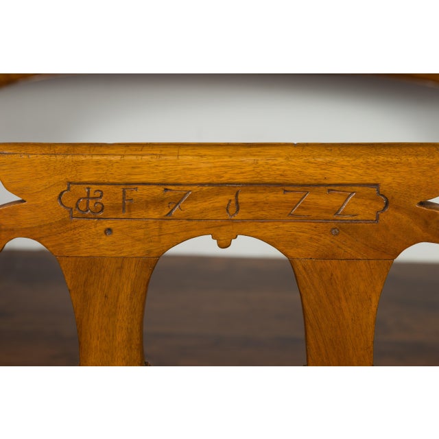 English 1850s Oak Chair with Pierced Back, Carved Inscription and Wooden Seat For Sale - Image 9 of 12