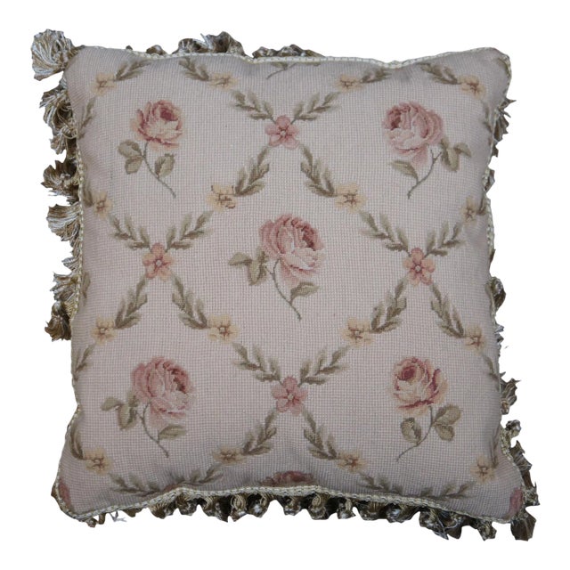 Mid 20th Century Down Filled Floral Crossed Roses Needlepoint Tassel Lumbar Throw Pillow For Sale