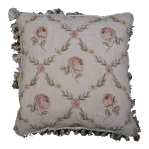 Mid 20th Century Down Filled Floral Crossed Roses Needlepoint Tassel Lumbar Throw Pillow