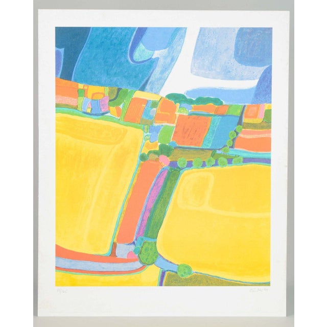 Buster Bruun (b. 1929) Landscape. Color lithograph. A colorful and stylized landscape motif with geometrically divided...