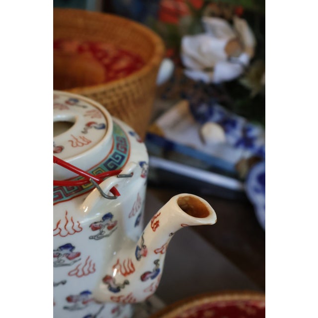 Antique Chinese Dragon & Phoenix Porcelain Teapot With Fitted Warming Basket For Sale - Image 12 of 18