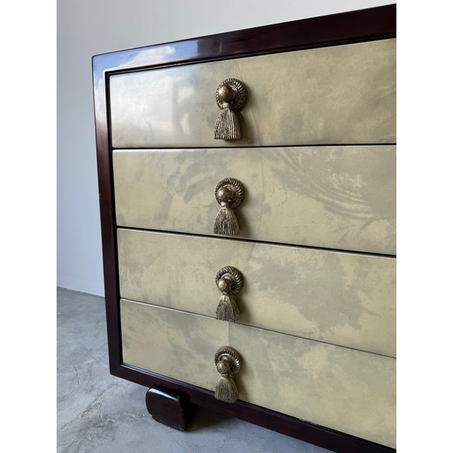 Vintage Jimeco LTD Lacquered Goatskin and Mahogany Five-Drawer Commode/Sold For Sale - Image 4 of 12