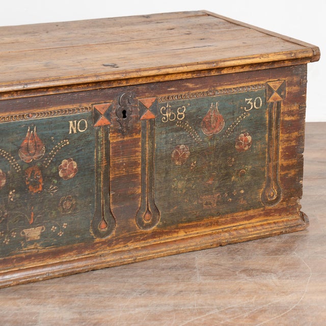 Hand-Painted Pine Flat Top Trunk From Hungary Dated 1830 For Sale - Image 9 of 11