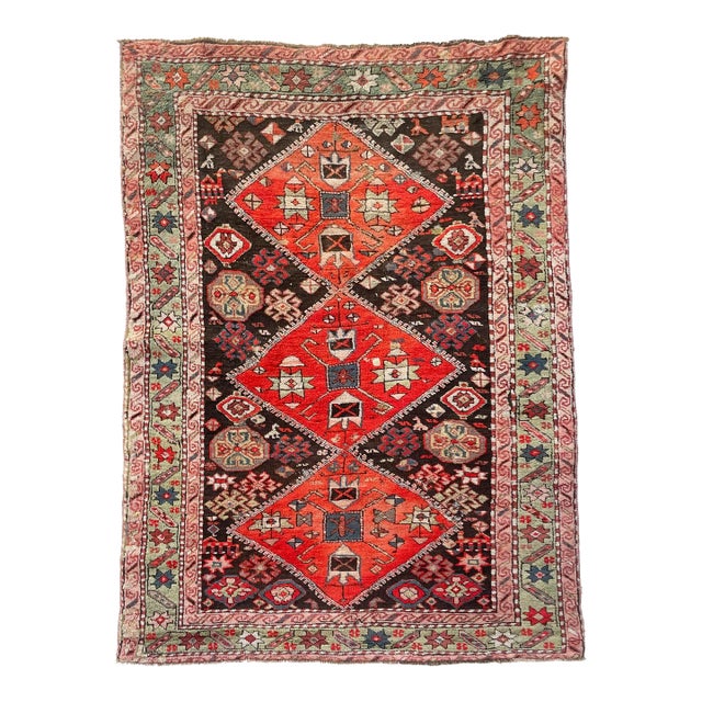 1930-40's Caucasian Sage Green Border Charcoal Black Field Rug 3.11 X 5.8 For Sale