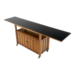 Mid Century Modern Flip Top Black Laminate Serving Cart Bar Cabinet Wheels