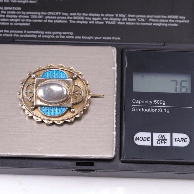 Metal Antique Arts & Crafts Silver and Turquoise Blue Enamel Scalloped Brooch, 1880 For Sale - Image 7 of 8